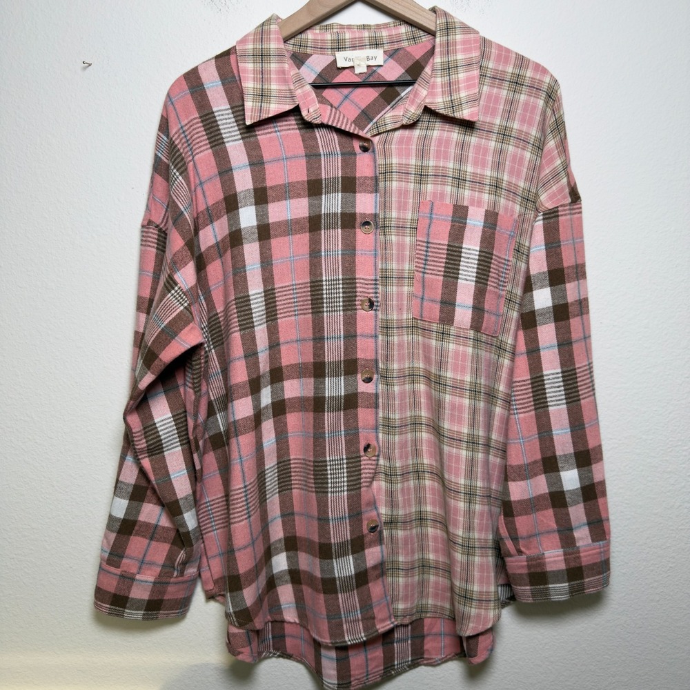 Vanilla Bay Women Button‎ Front Shirt Flannel Pink Brown Patchwork Cabin Western